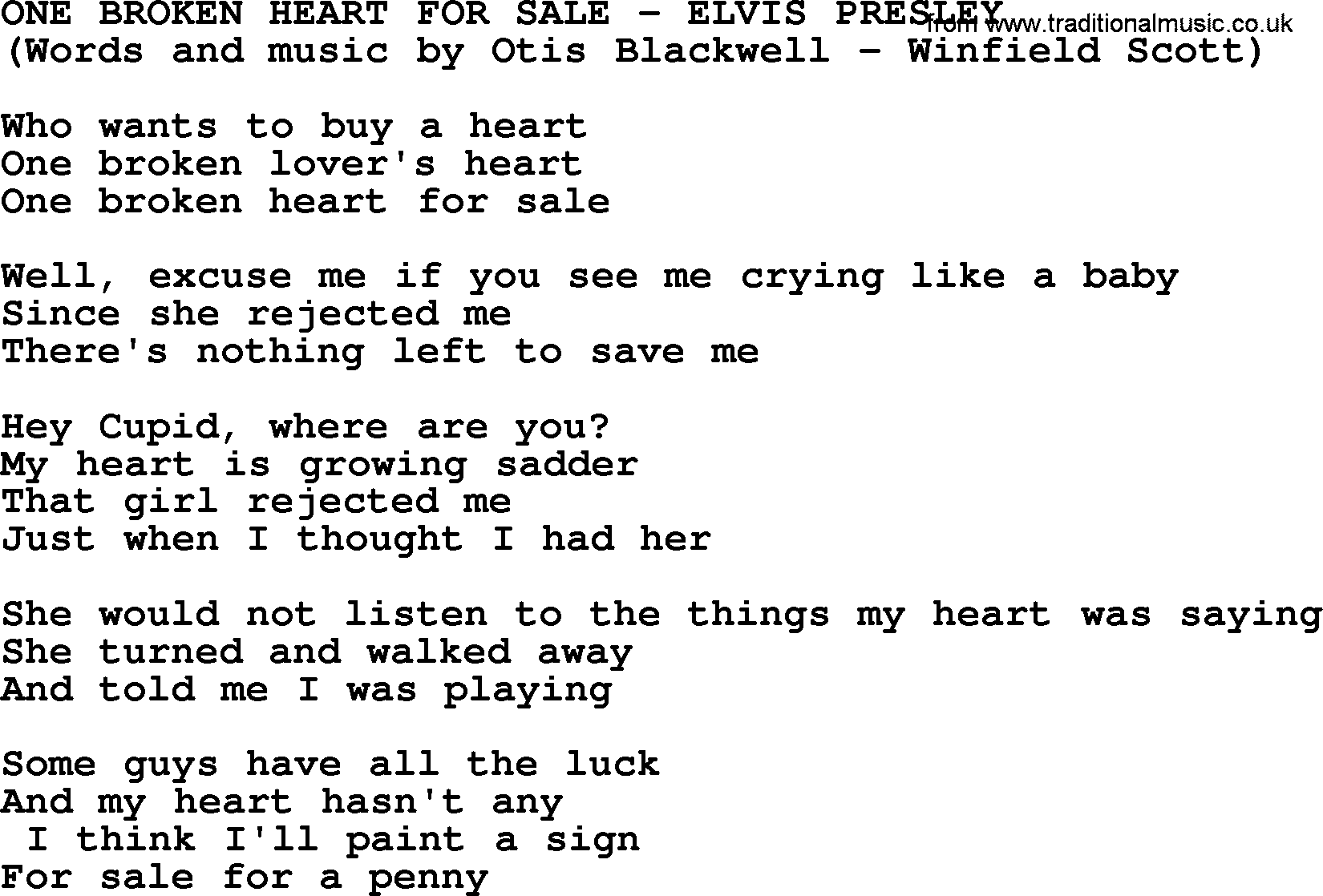 Elvis Presley song: One Broken Heart For Sale lyrics