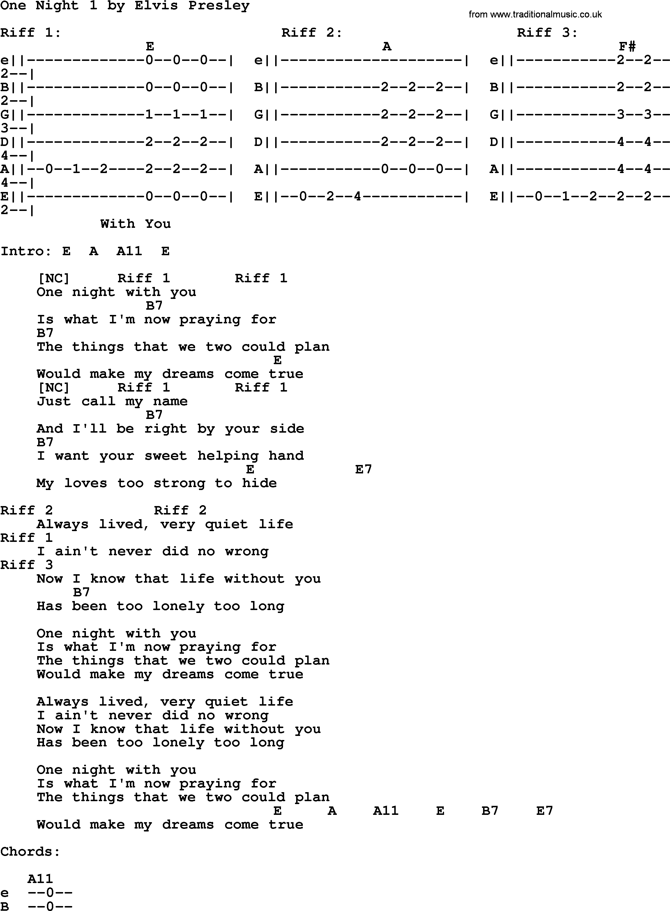 Elvis Presley song: One Night 1, lyrics and chords
