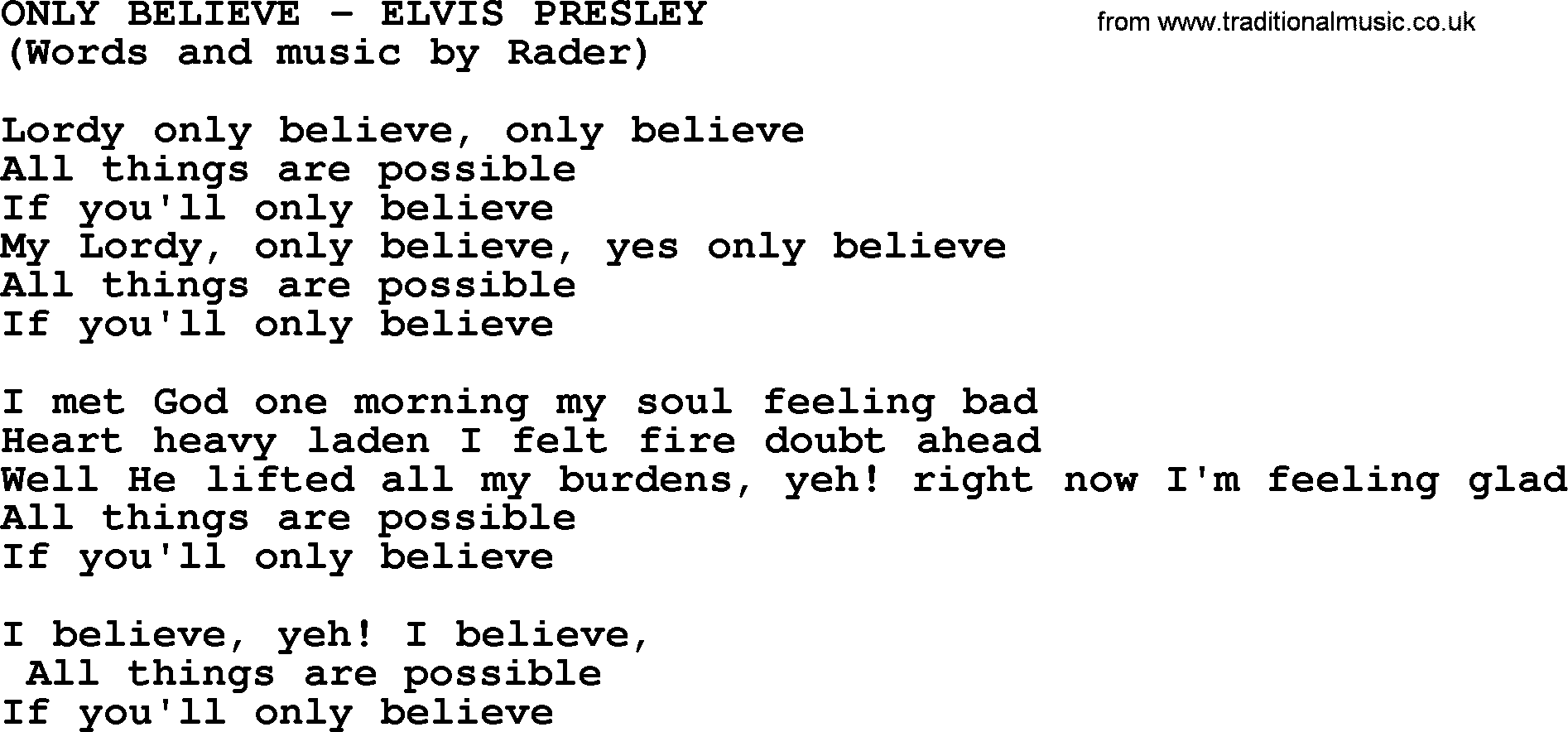 Elvis Presley song: Only Believe lyrics