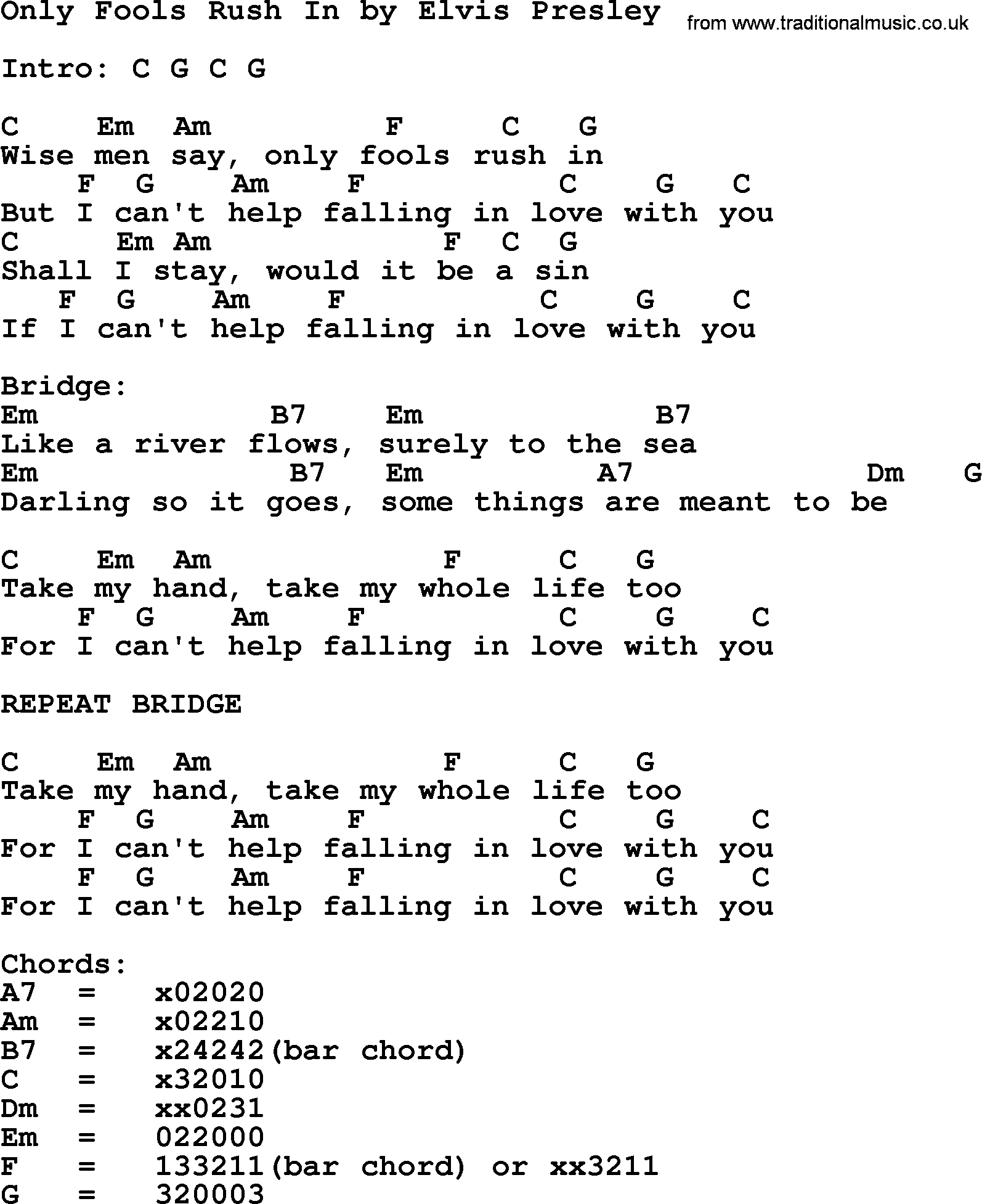 Elvis Presley song: Only Fools Rush In, lyrics and chords