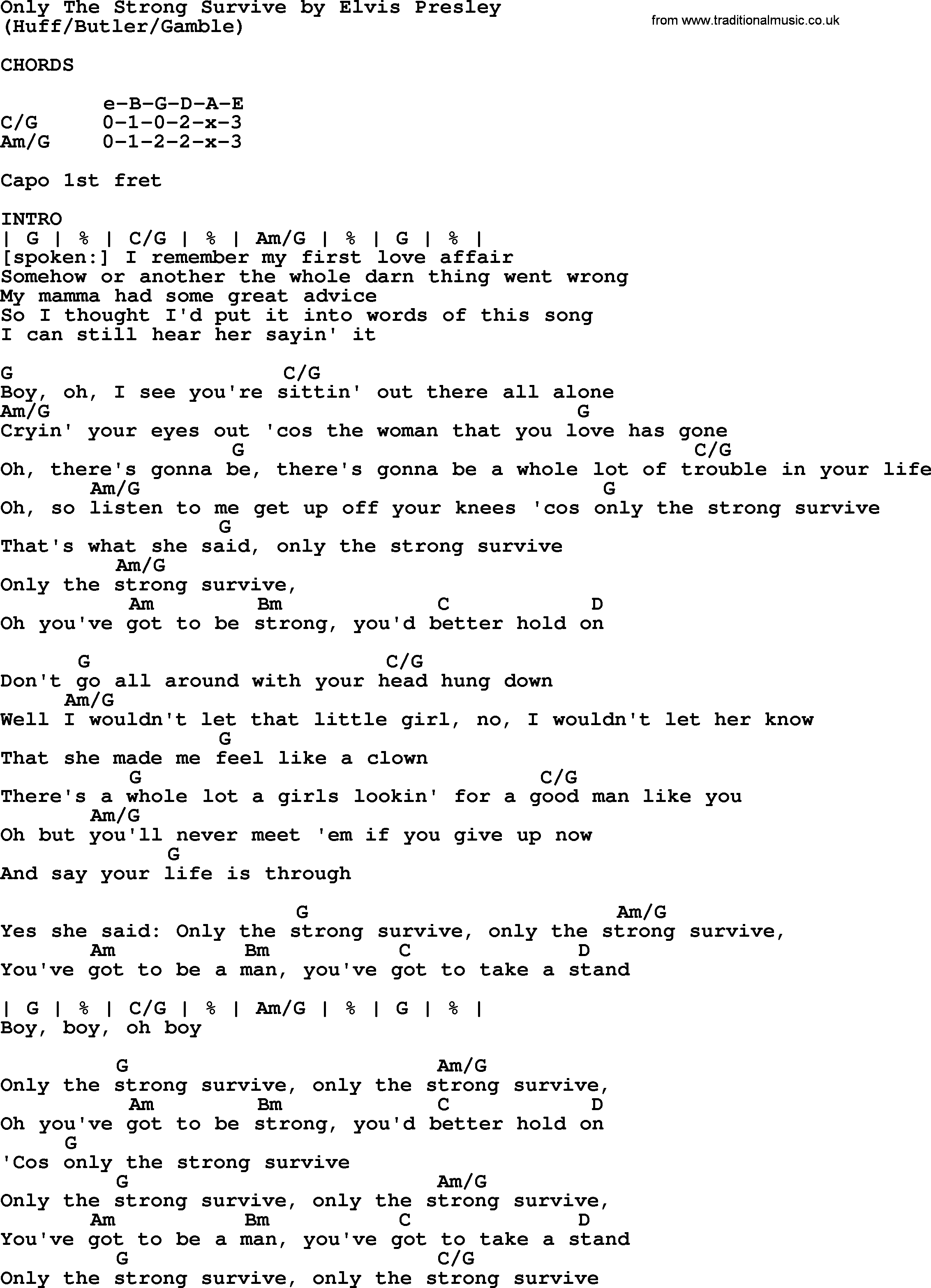 Elvis Presley song: Only The Strong Survive, lyrics and chords