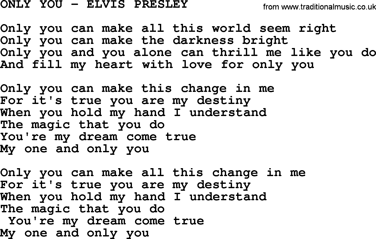 Elvis Presley song: Only You-Elvis Presley-.txt lyrics and chords