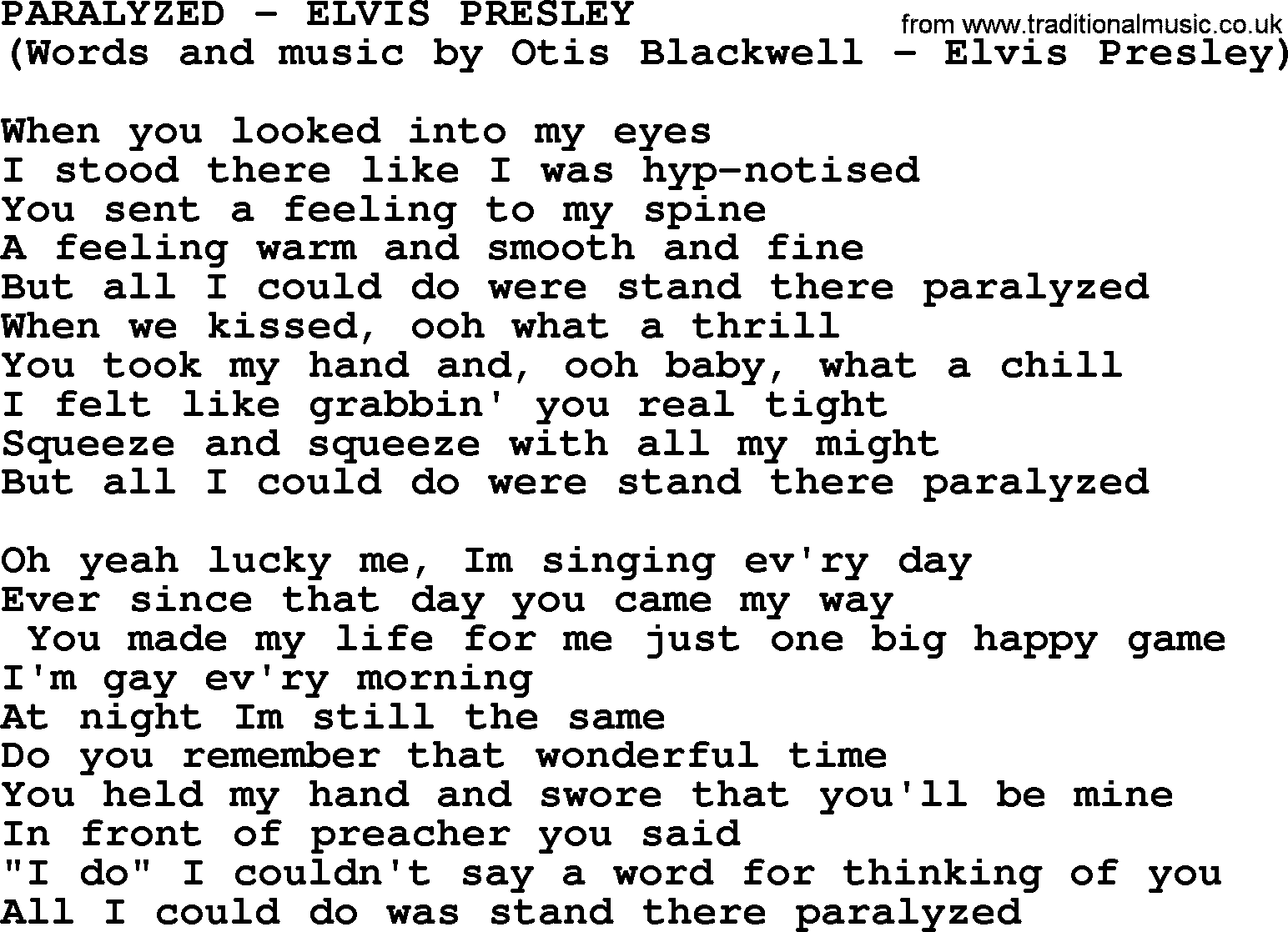 Elvis Presley song: Paralyzed lyrics