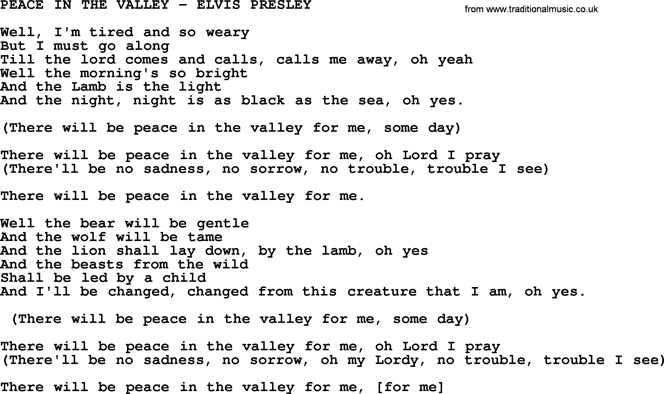 Elvis Presley song: Peace In The Valley-Elvis Presley-.txt lyrics and chords