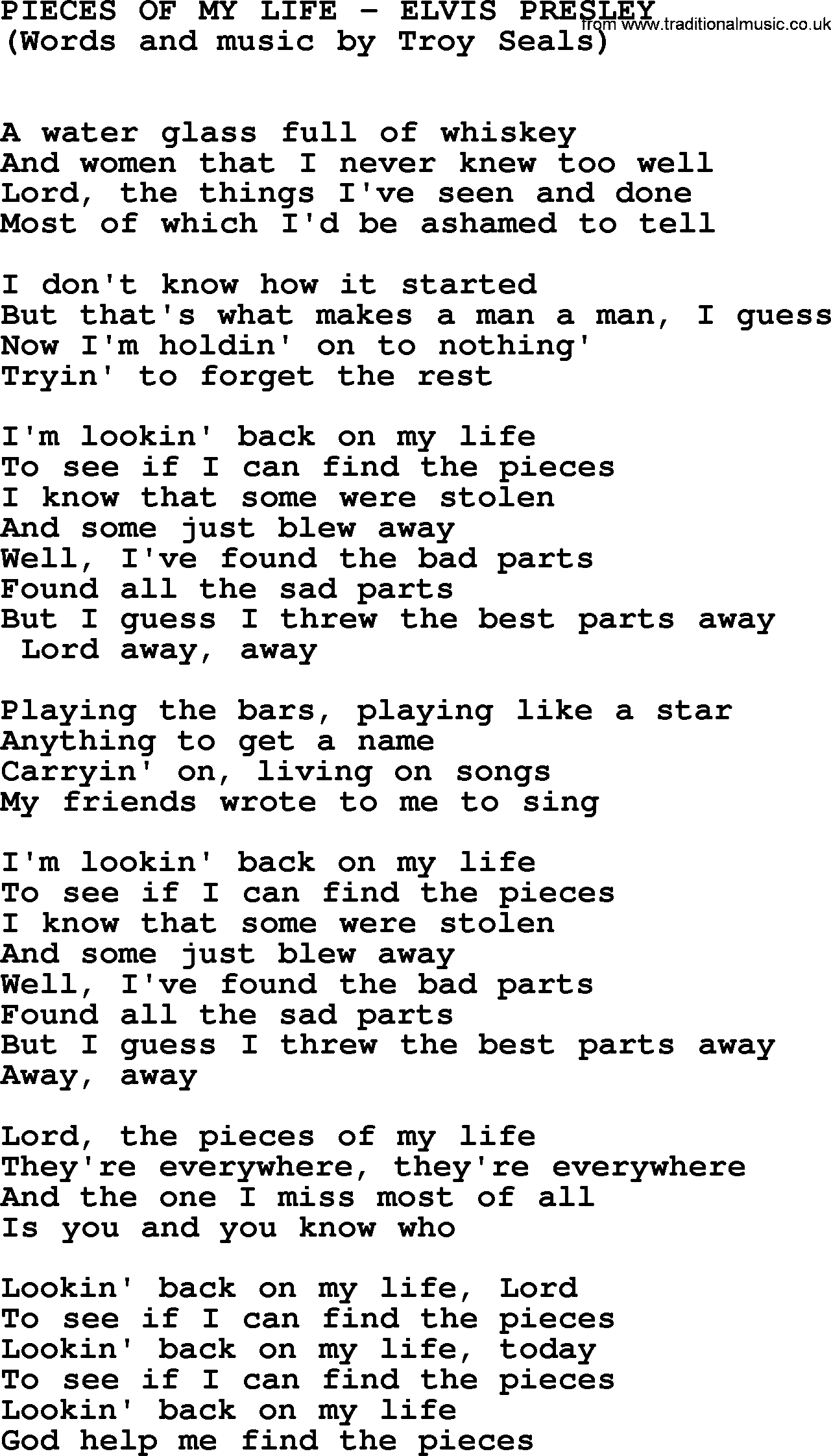 Elvis Presley song: Pieces Of My Life lyrics