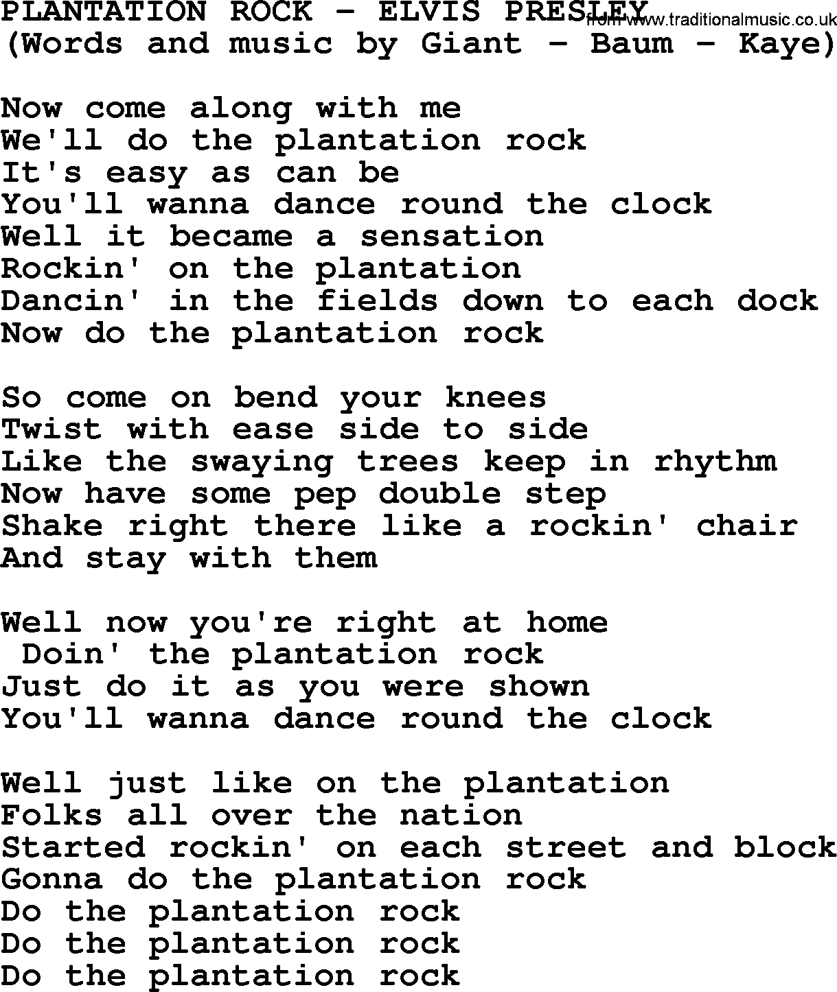 Elvis Presley song: Plantation Rock lyrics