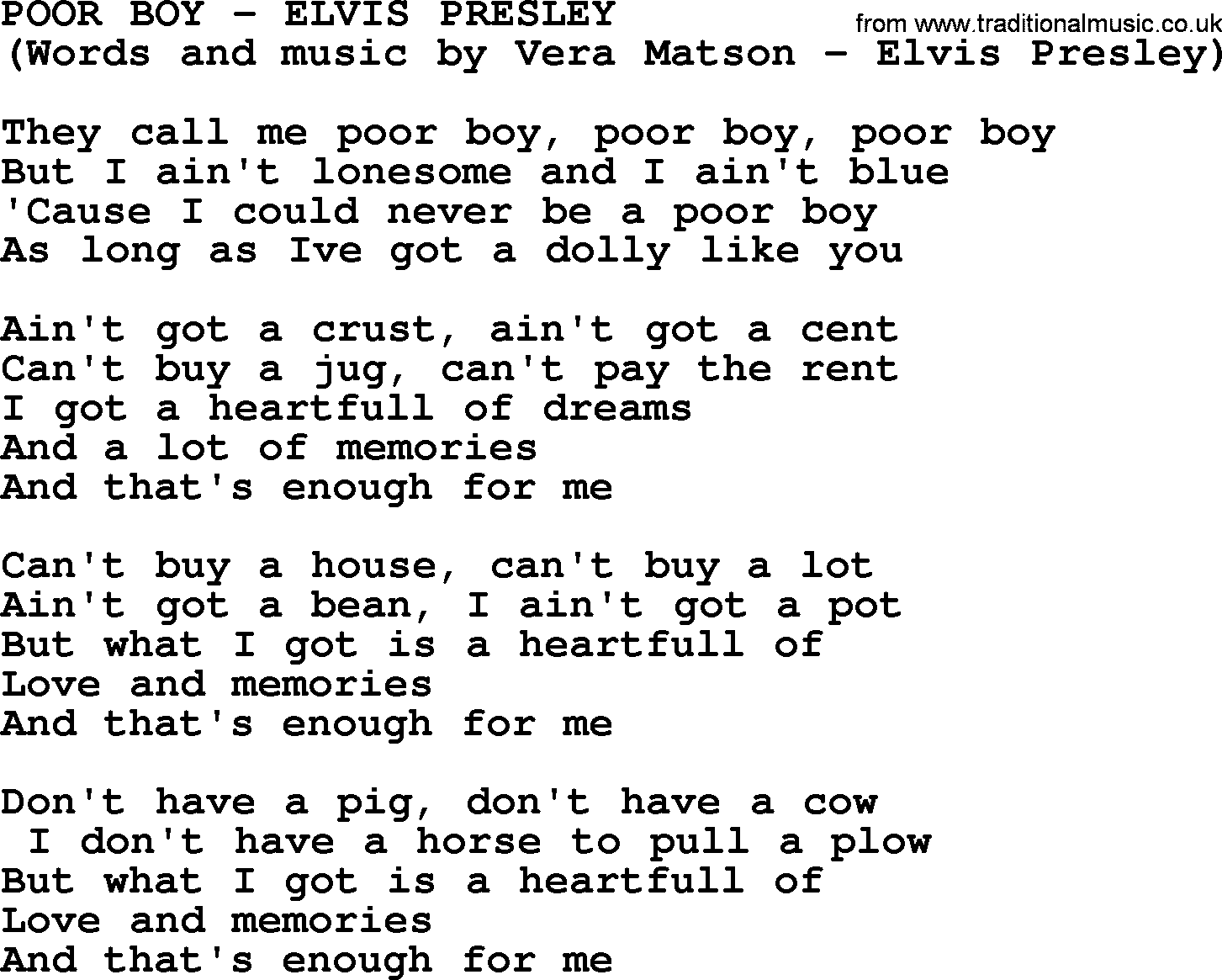 Elvis Presley song: Poor Boy lyrics