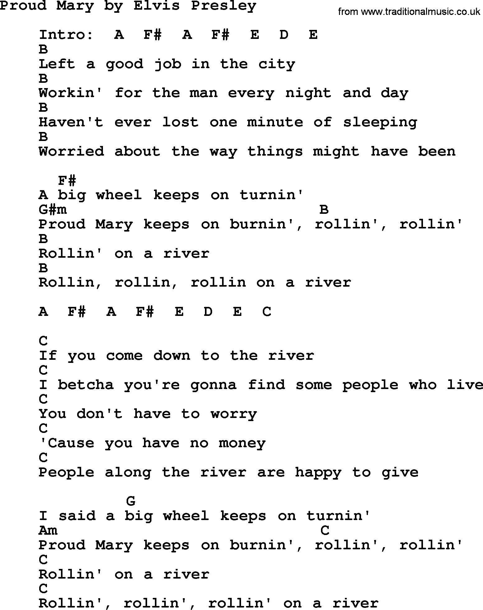 Elvis Presley song: Proud Mary, lyrics and chords