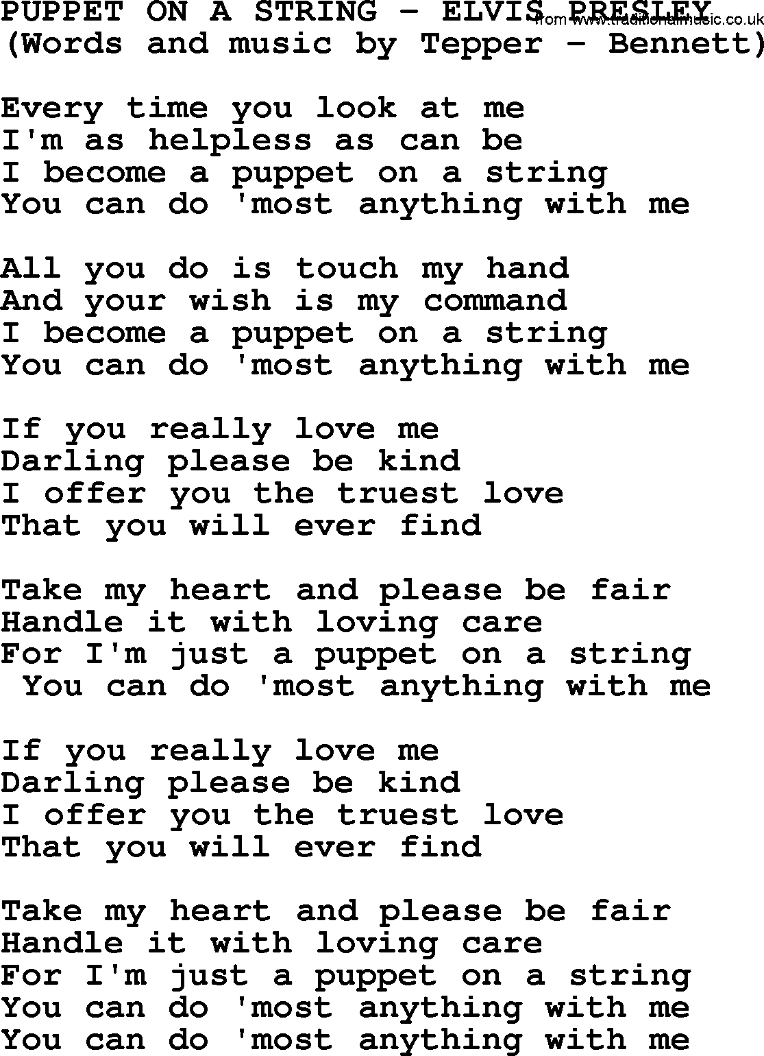 Elvis Presley song: Puppet On A String lyrics