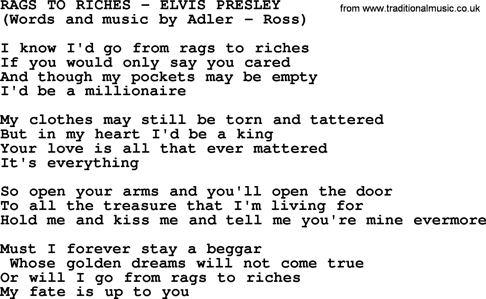 Elvis Presley song: Rags To Riches lyrics