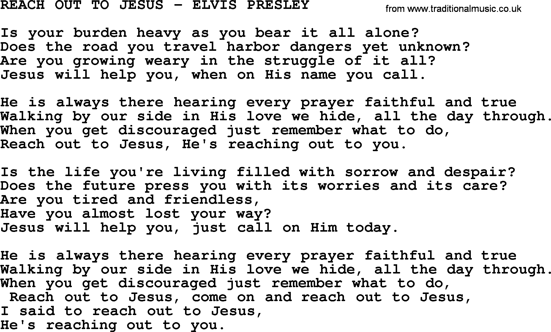 Elvis Presley song: Reach Out To Jesus-Elvis Presley-.txt lyrics and chords