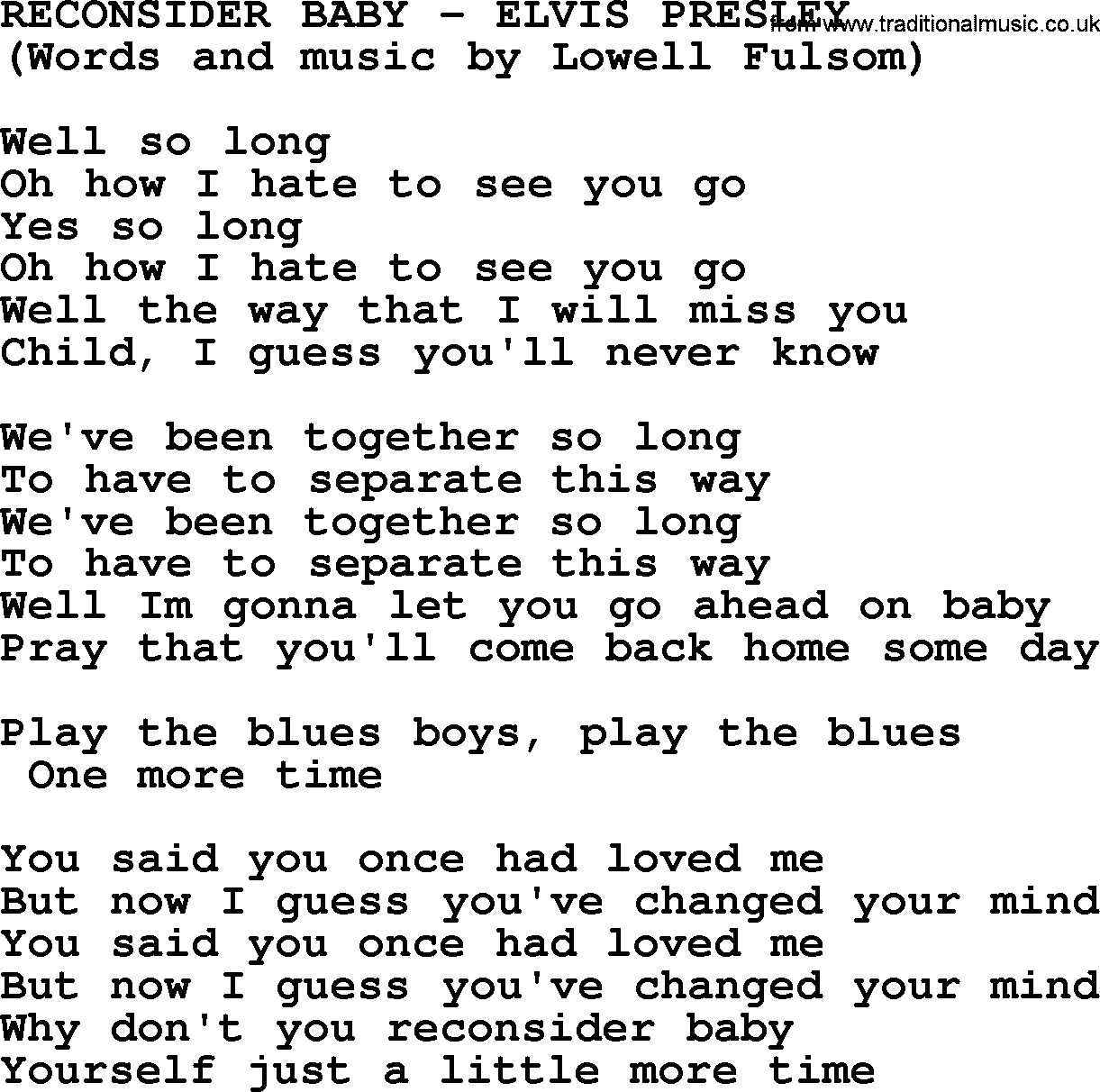 Elvis Presley song: Reconsider Baby lyrics