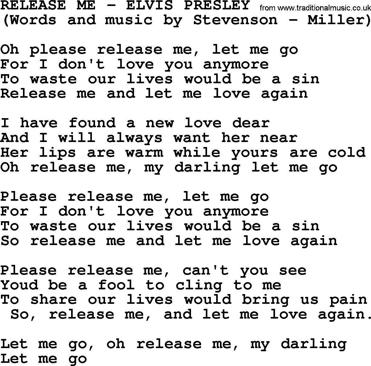 Elvis Presley song: Release Me lyrics