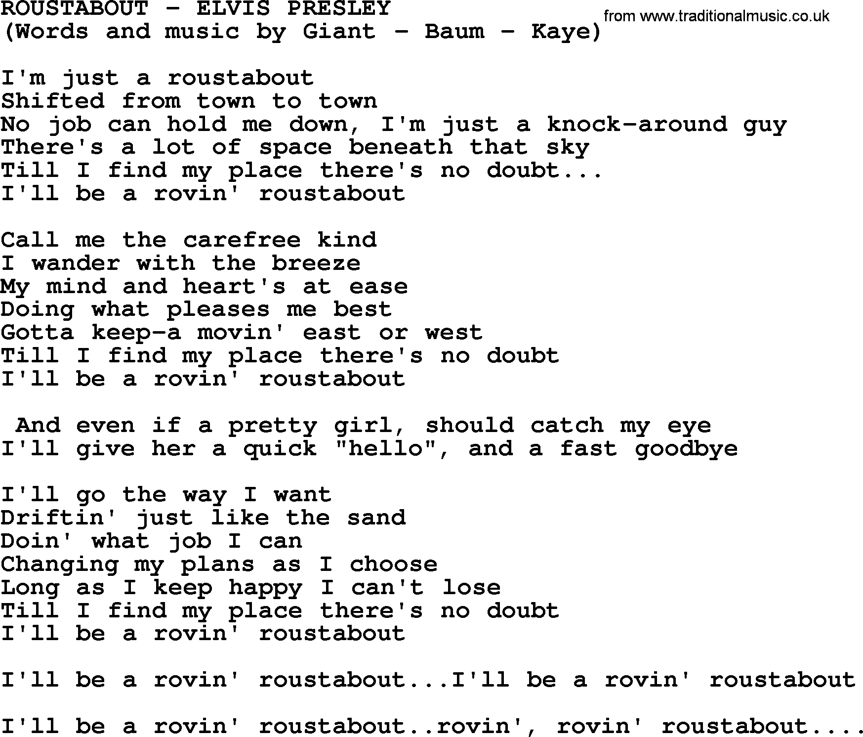 Elvis Presley song: Roustabout lyrics