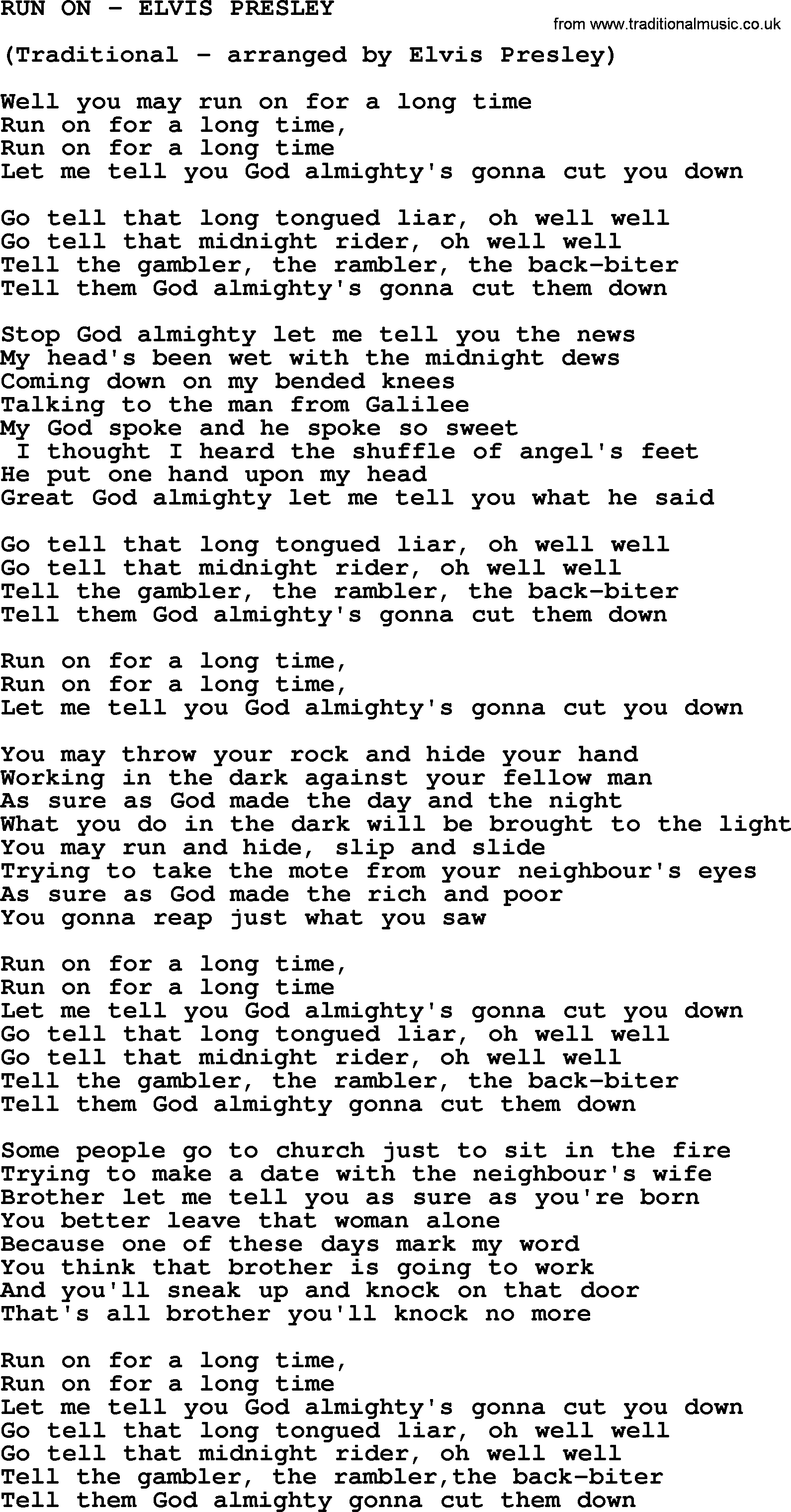Elvis Presley song: Run On-Elvis Presley-.txt lyrics and chords