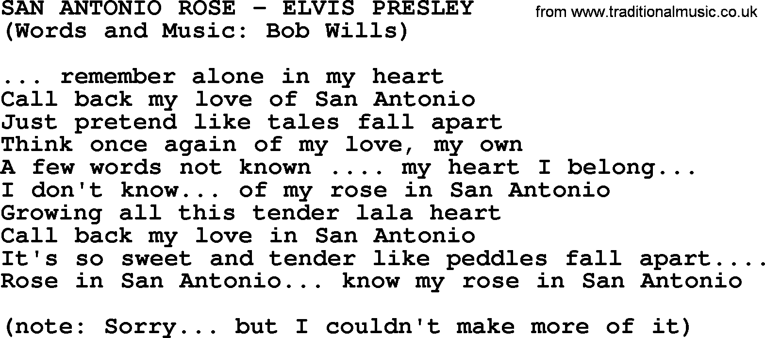 Elvis Presley song: San Antonio Rose lyrics