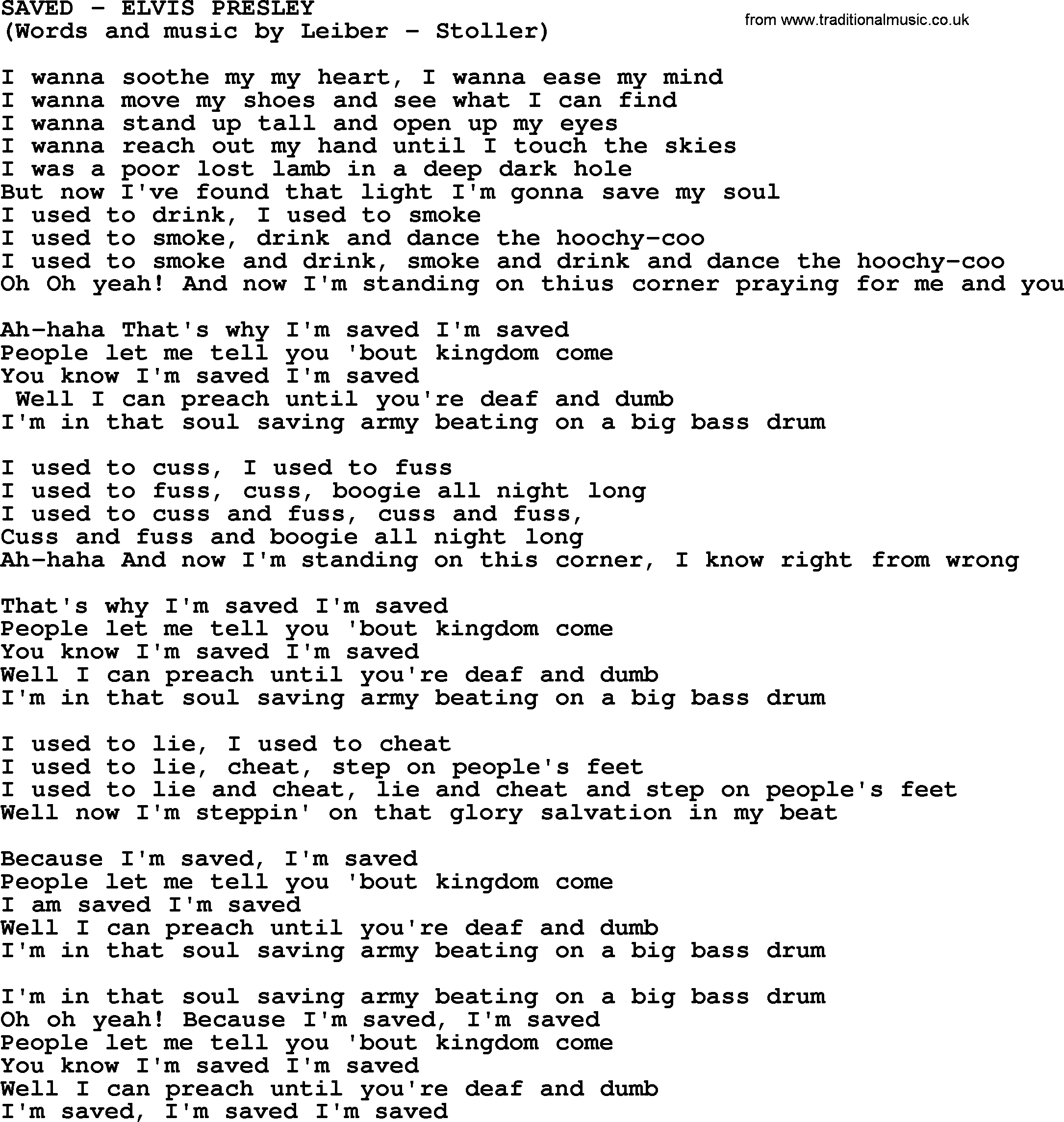 Elvis Presley song: Saved lyrics