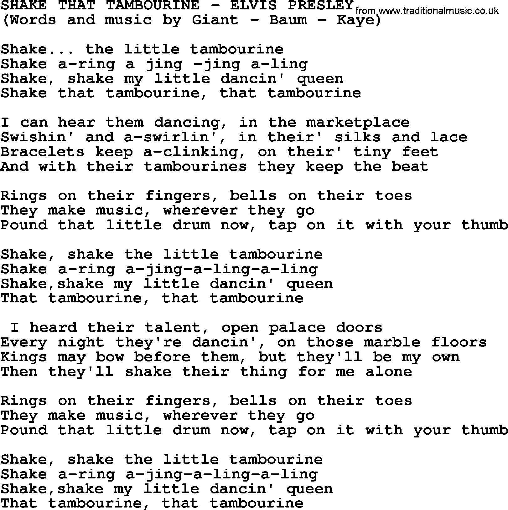 Elvis Presley song: Shake That Tambourine lyrics