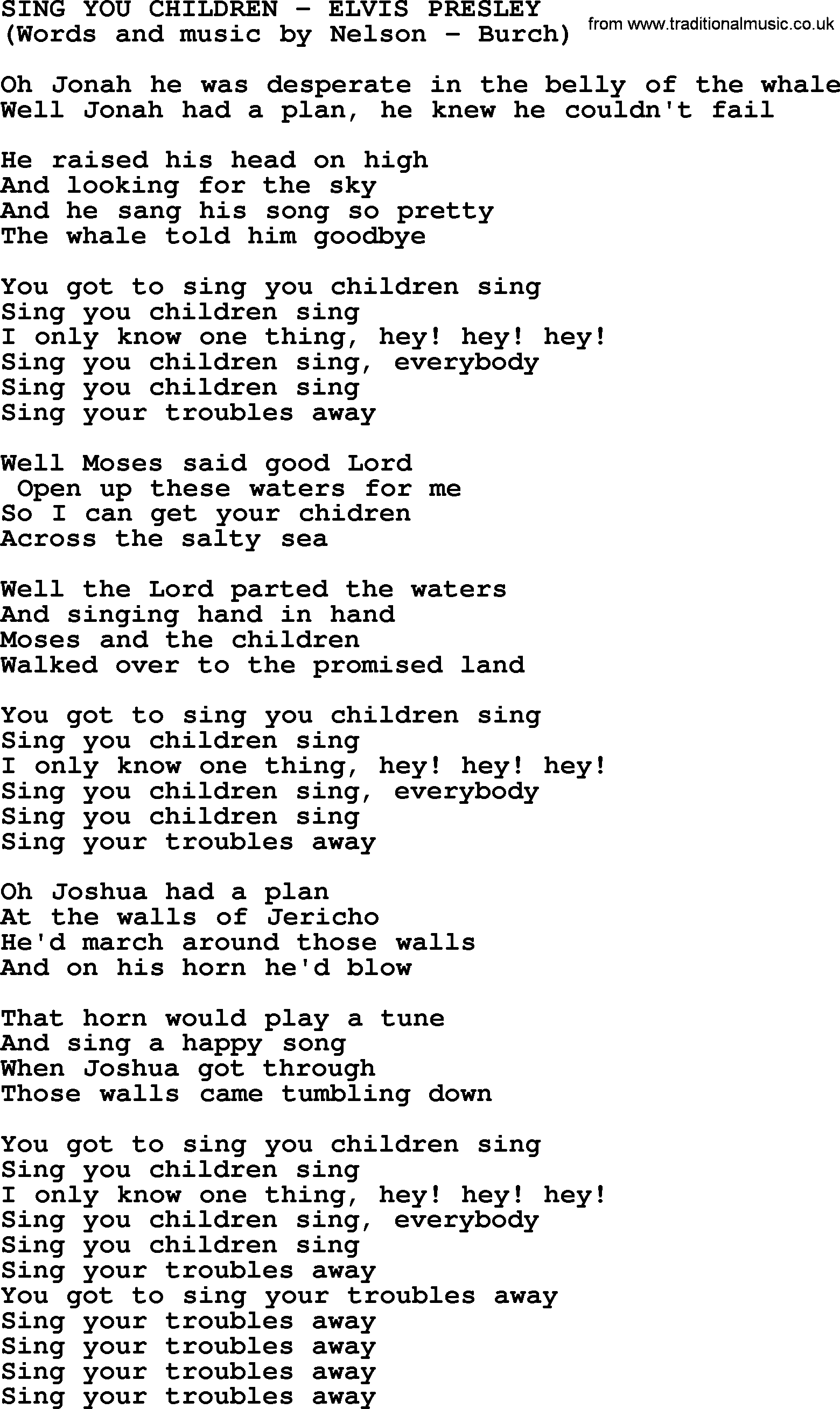 Elvis Presley song: Sing You Children lyrics