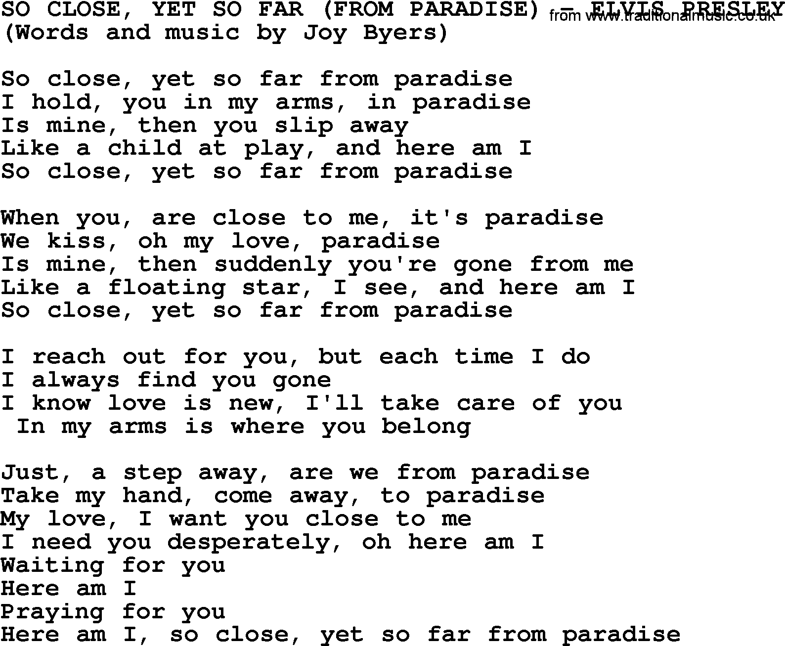 Elvis Presley song: So Close, Yet So Far (From Paradise) lyrics