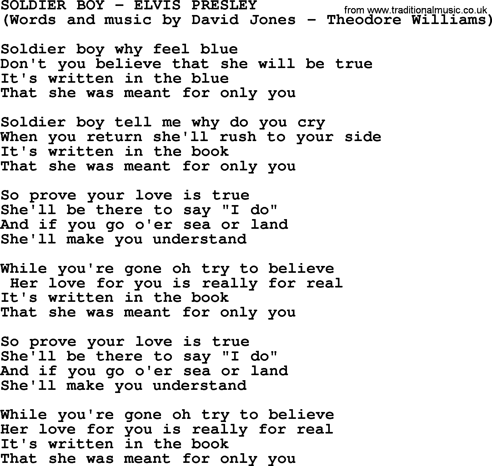 Elvis Presley song: Soldier Boy lyrics