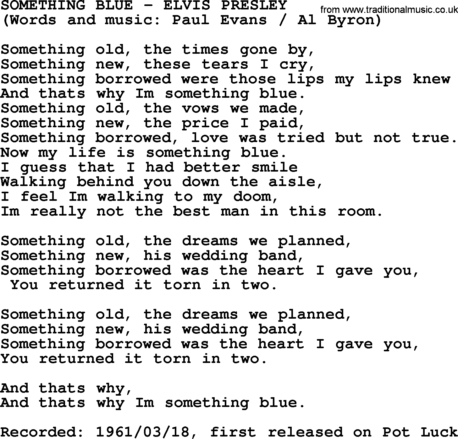 Elvis Presley song: Something Blue lyrics