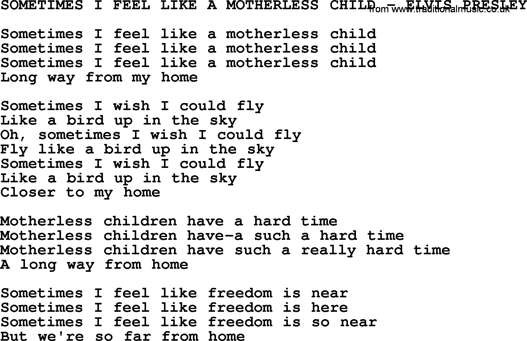 Elvis Presley song: Sometimes I Feel Like A Motherless Child-Elvis Presley-.txt lyrics and chords