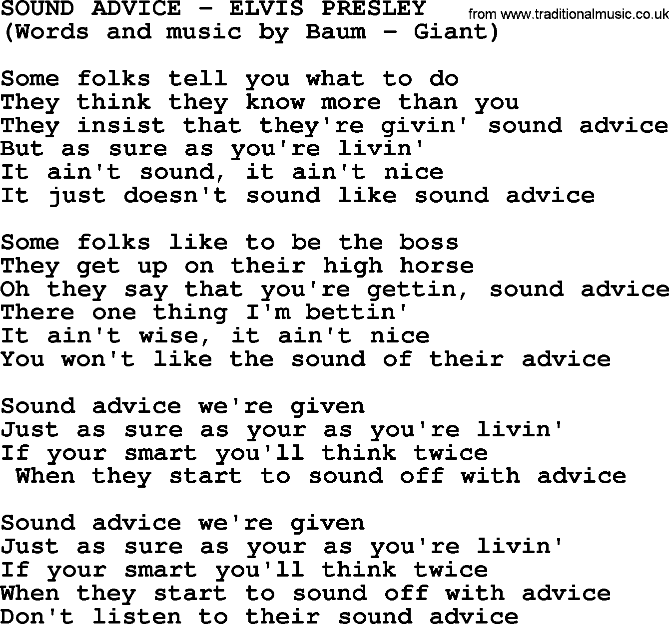 Elvis Presley song: Sound Advice lyrics