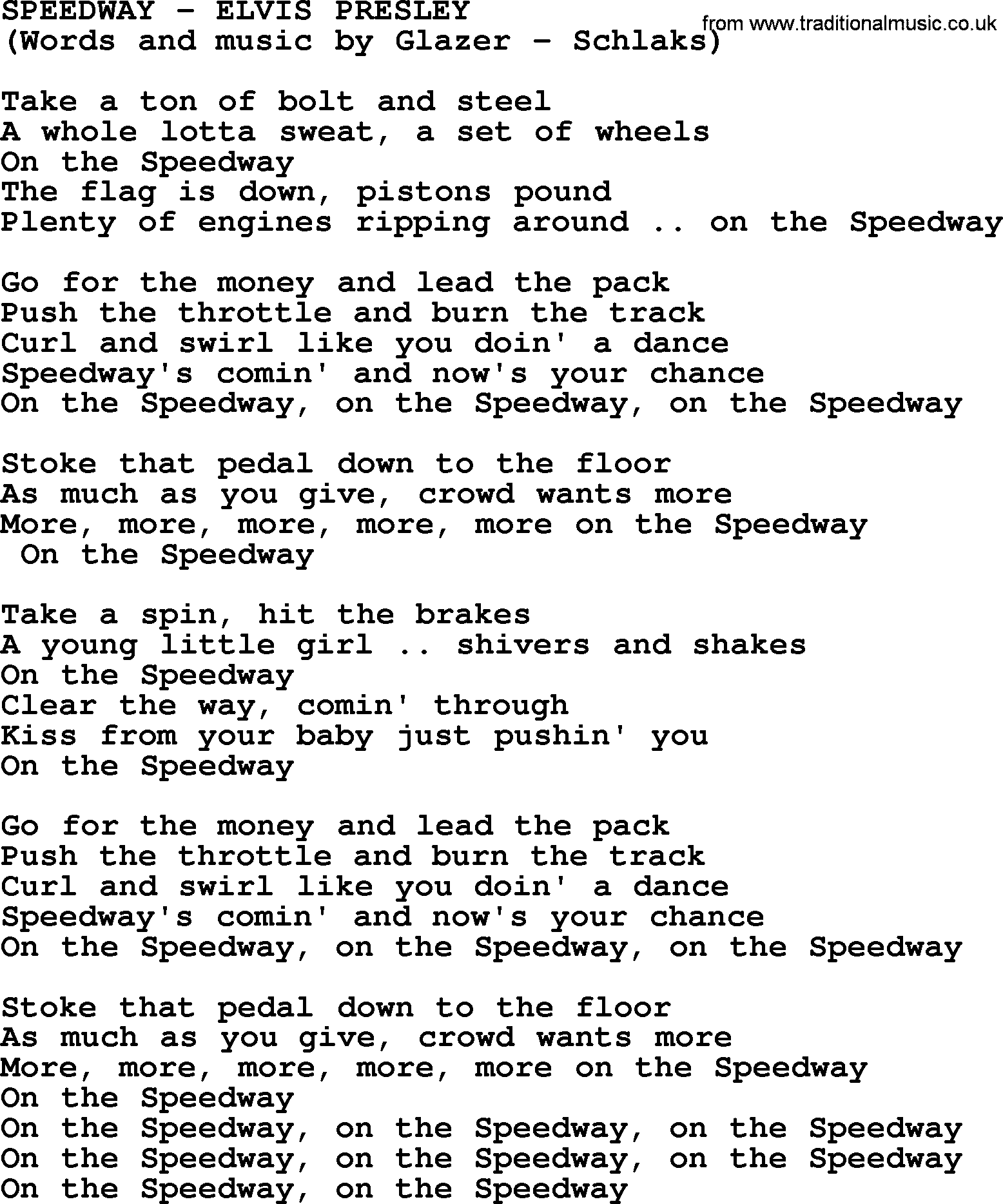 Elvis Presley song: Speedway lyrics