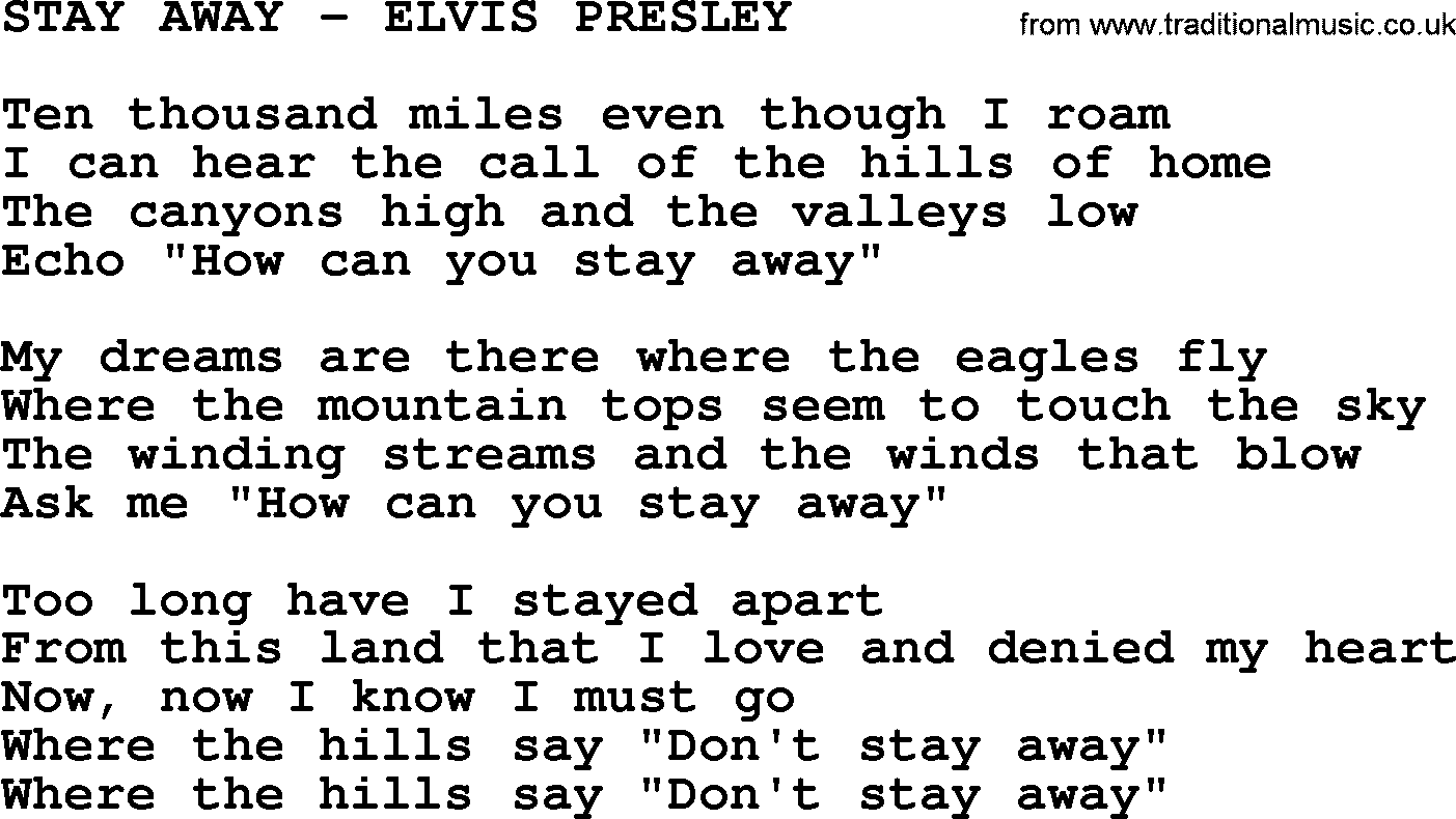 Elvis Presley song: Stay Away-Elvis Presley-.txt lyrics and chords