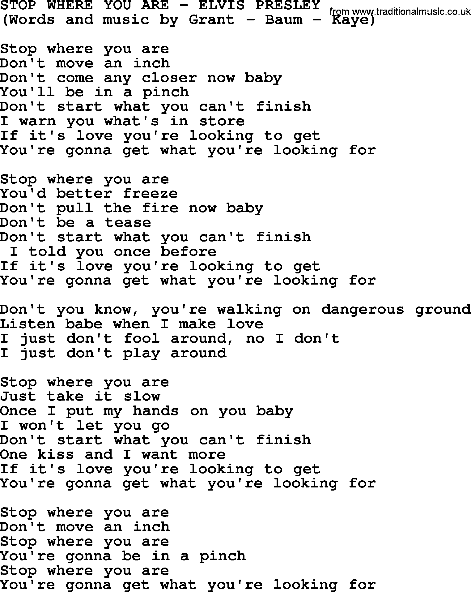 Elvis Presley song: Stop Where You Are lyrics