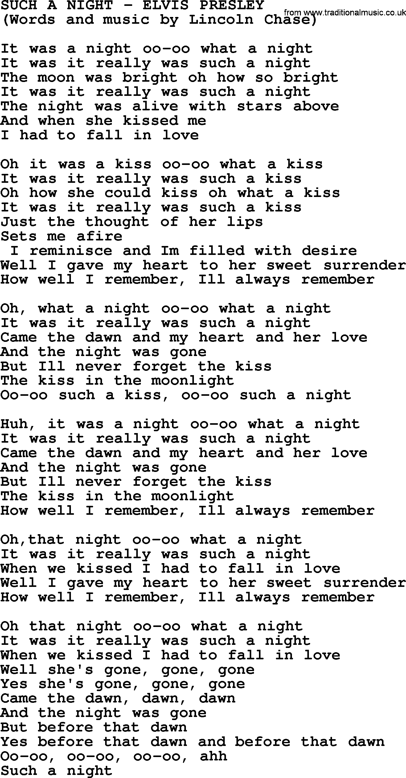 Elvis Presley song: Such A Night lyrics