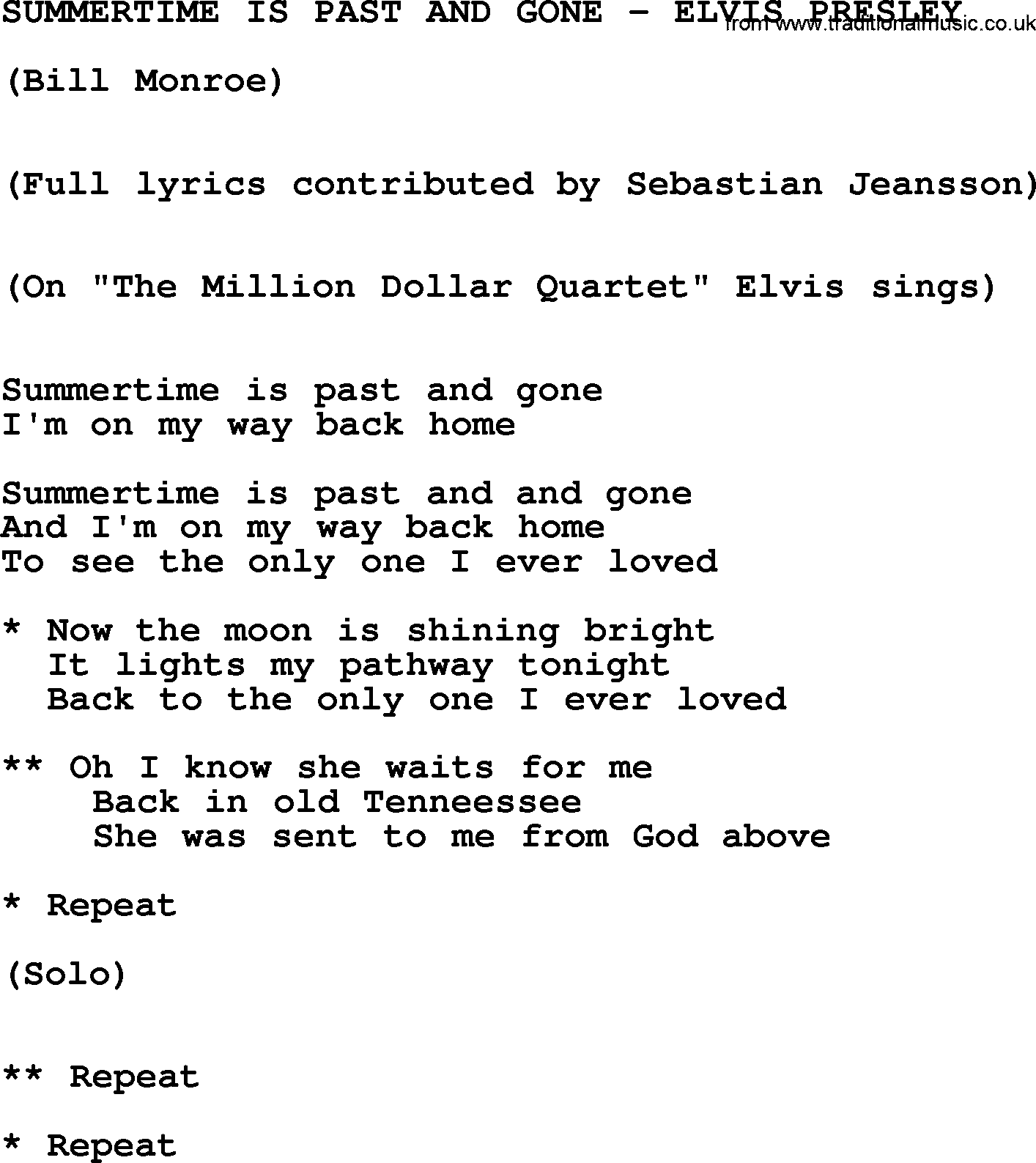 Elvis Presley song: Summertime Is Past And Gone-Elvis Presley-.txt lyrics and chords