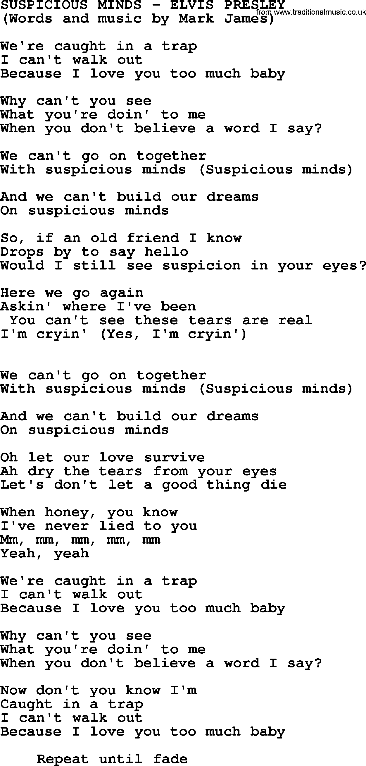 Elvis Presley song: Suspicious Minds lyrics