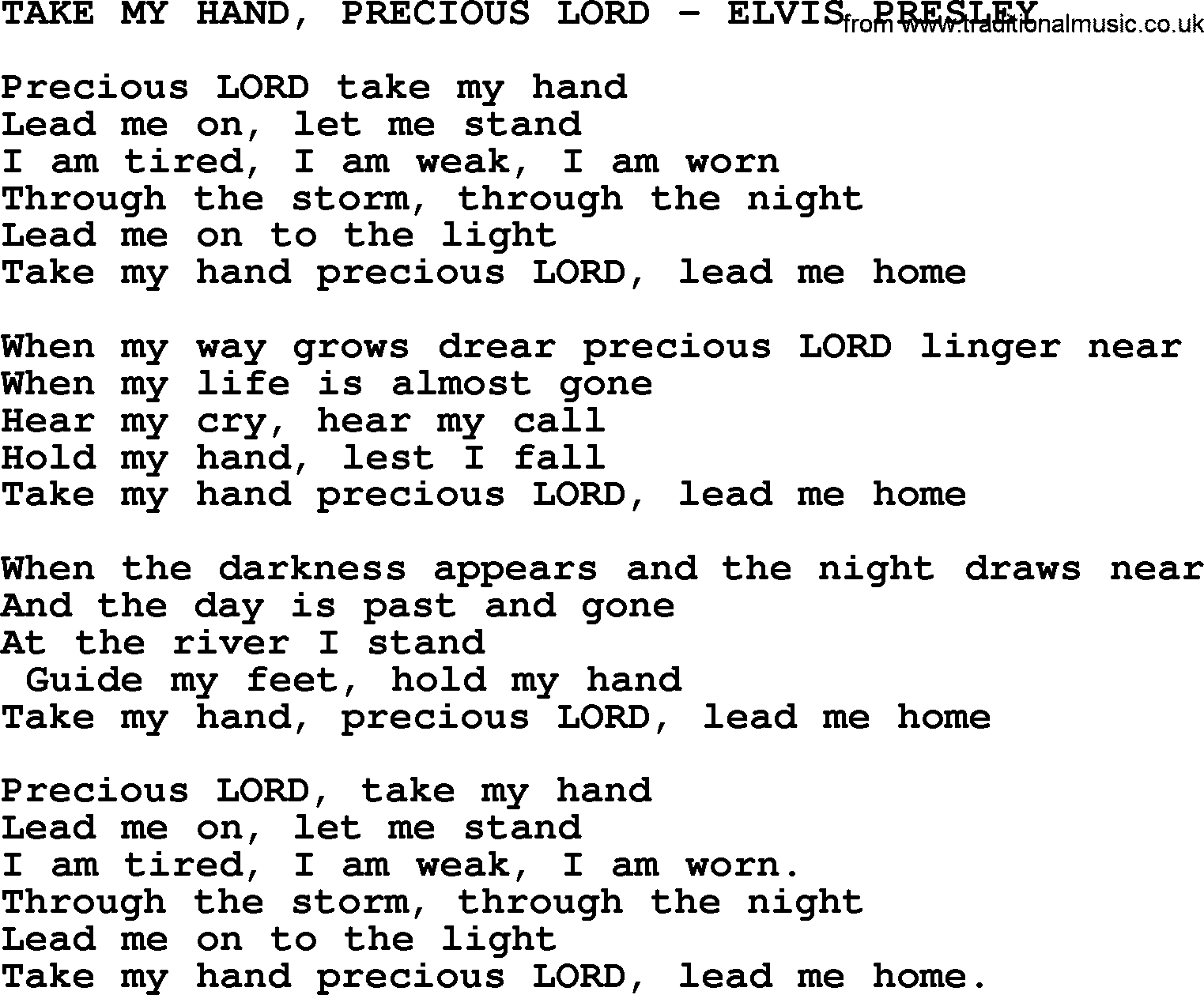 Elvis Presley song: Take My Hand, Precious Lord-Elvis Presley-.txt lyrics and chords