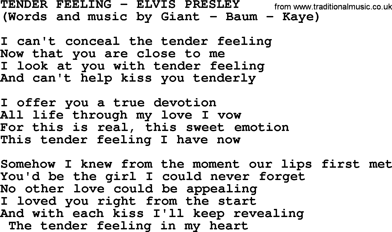 Elvis Presley song: Tender Feeling lyrics