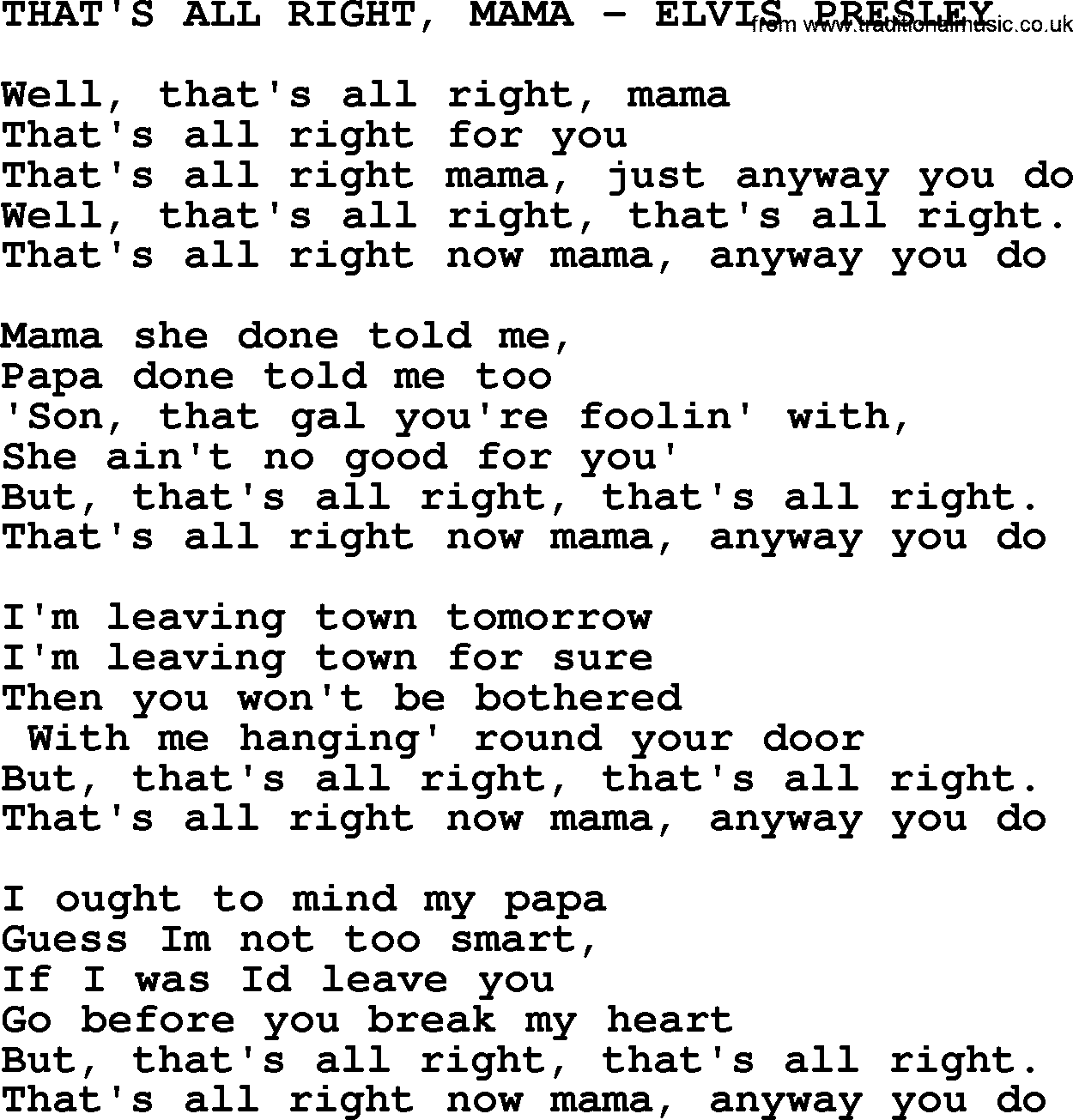 Elvis Presley song: That's All Right, Mama-Elvis Presley-.txt lyrics and chords