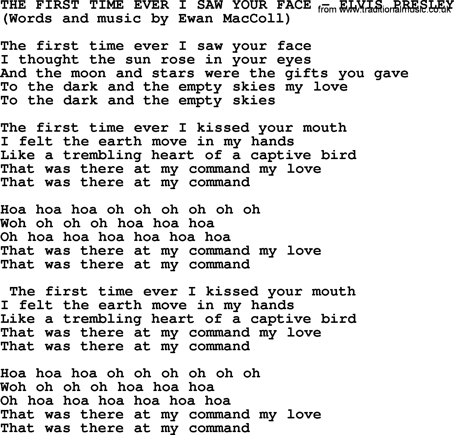 Elvis Presley song: The First Time Ever I Saw Your Face lyrics