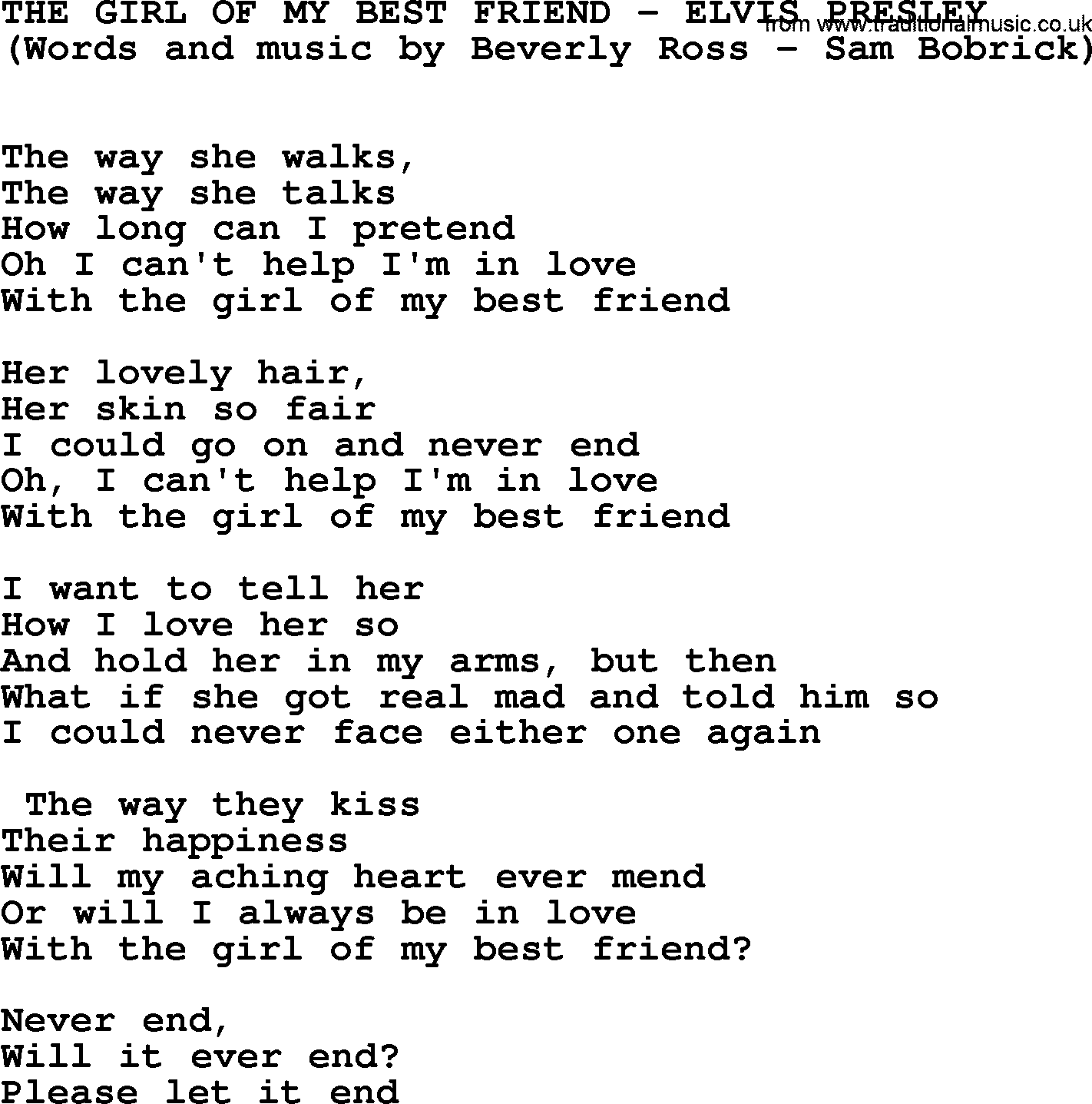 Elvis Presley song: The Girl Of My Best Friend lyrics