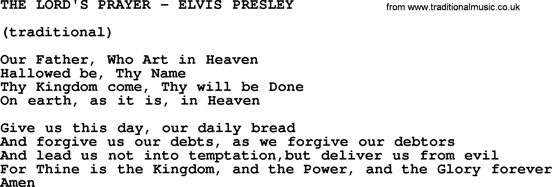 Elvis Presley song: The Lord's Prayer-Elvis Presley-.txt lyrics and chords