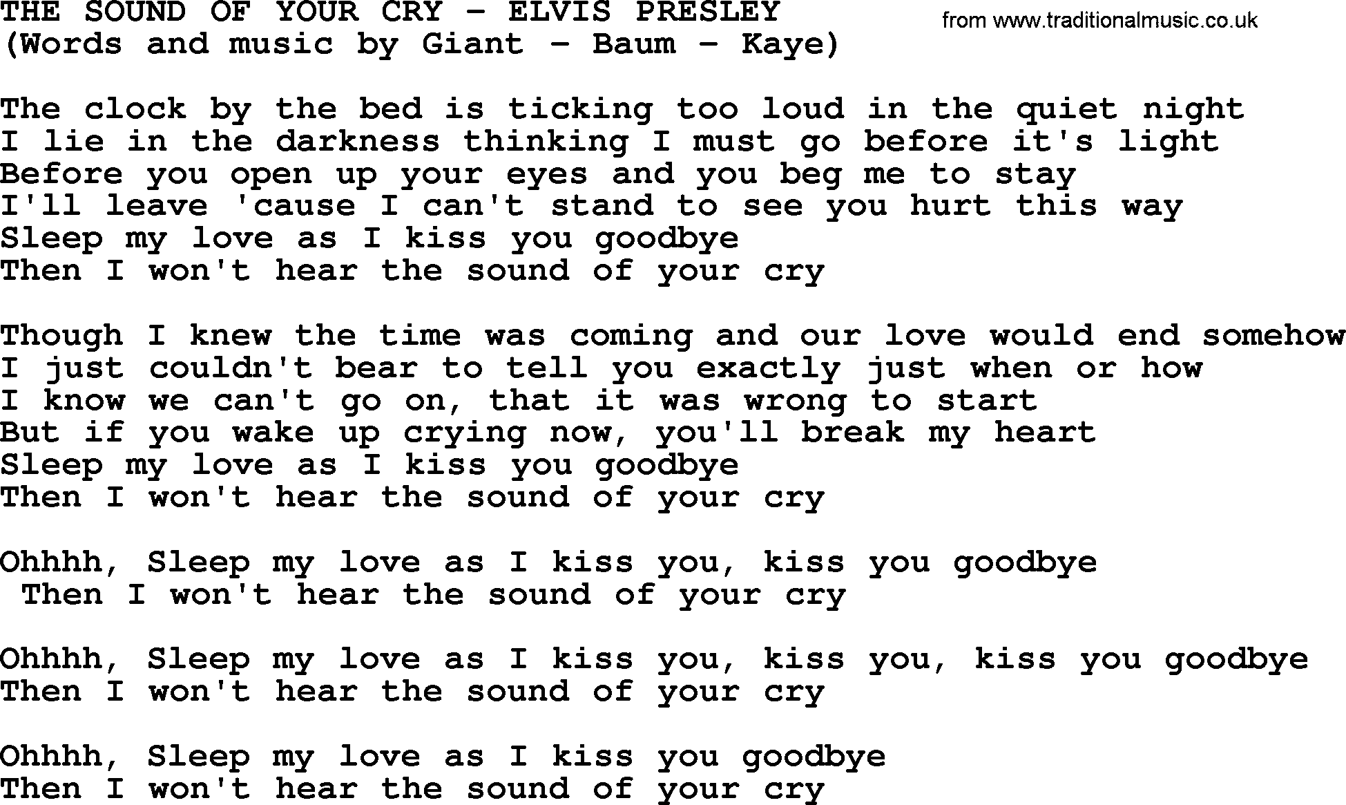 Elvis Presley song: The Sound Of Your Cry lyrics