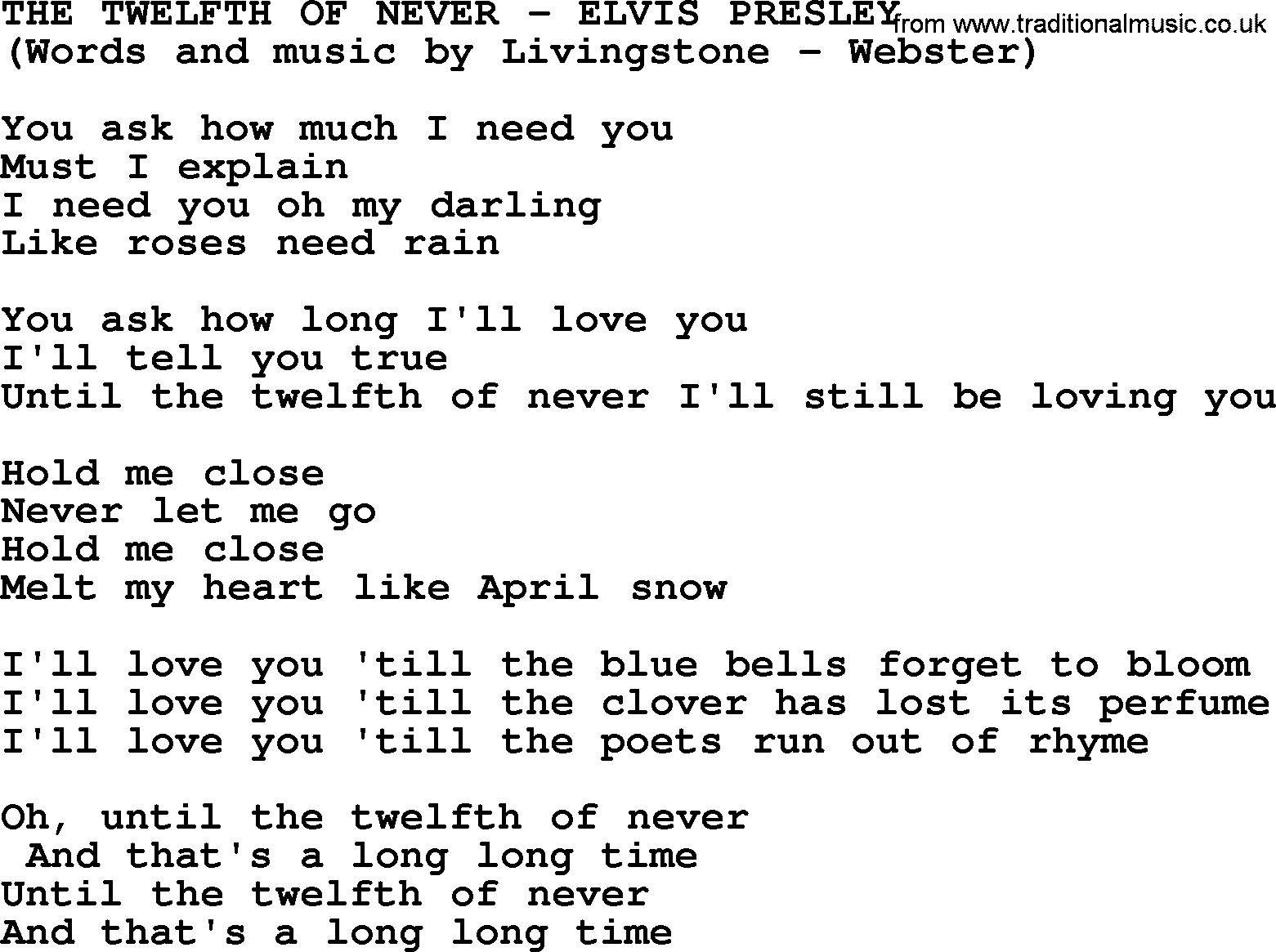 Elvis Presley song: The Twelfth Of Never lyrics