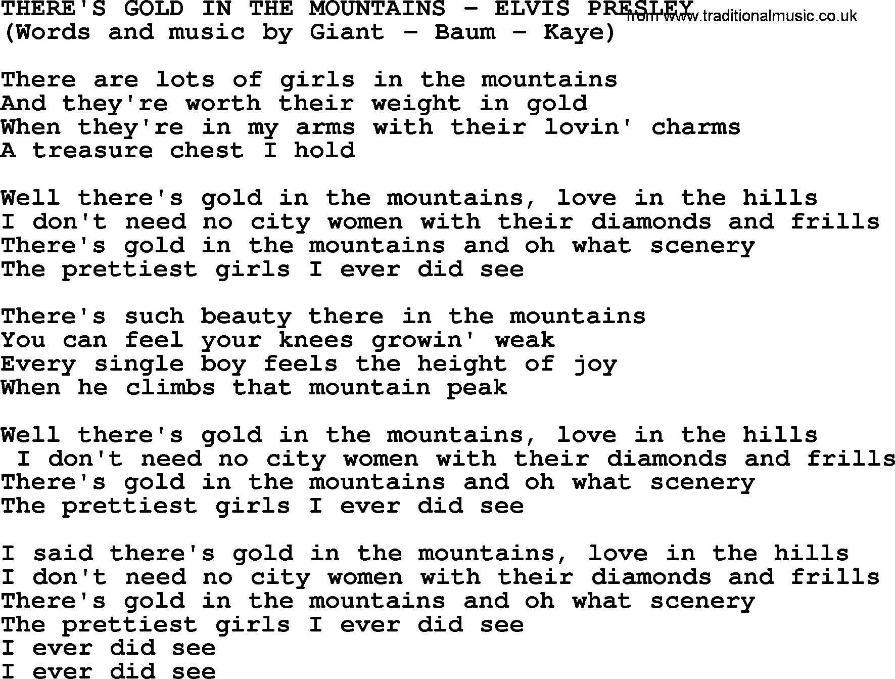 Elvis Presley song: There's Gold In The Mountains lyrics