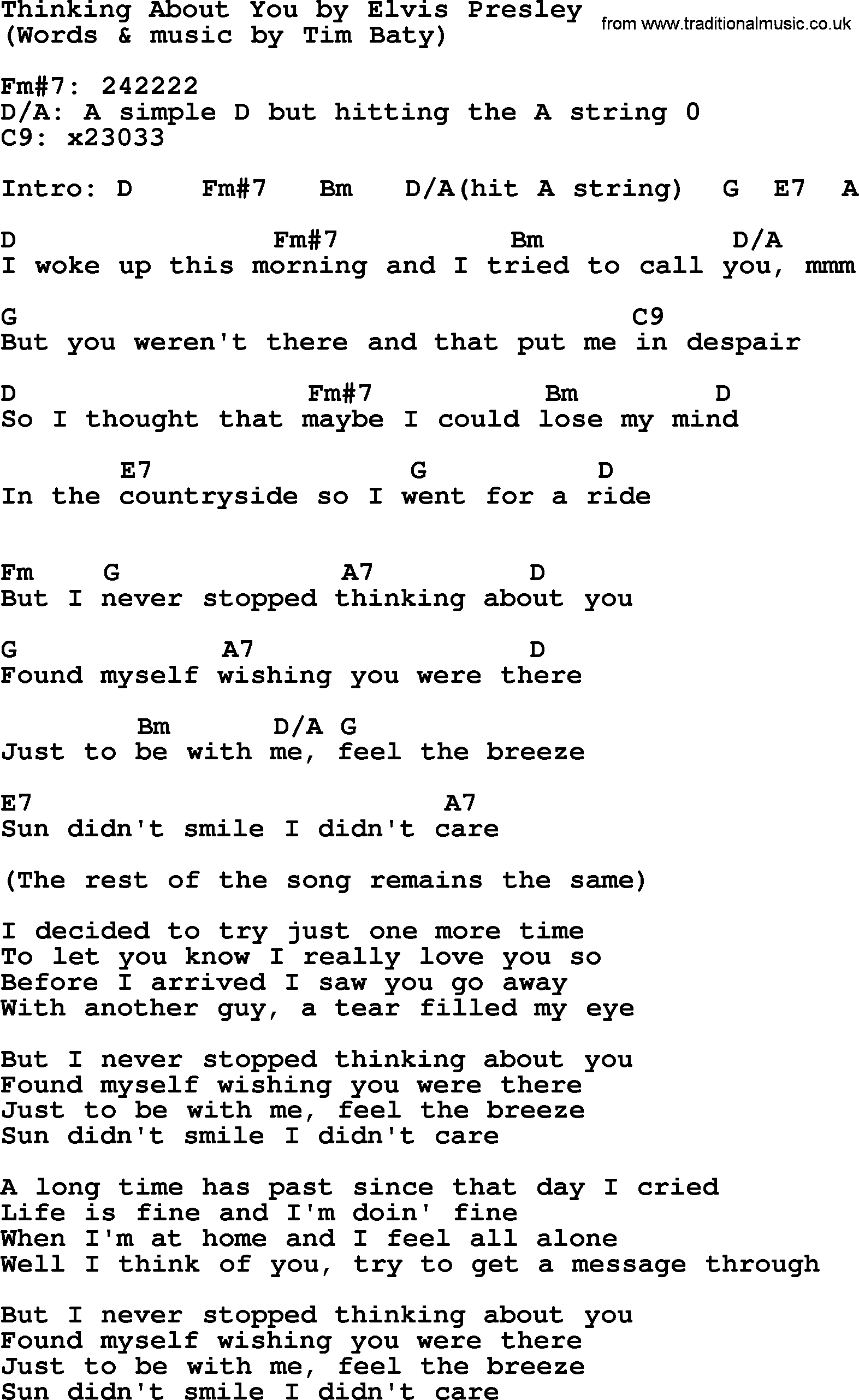 Elvis Presley song: Thinking About You, lyrics and chords