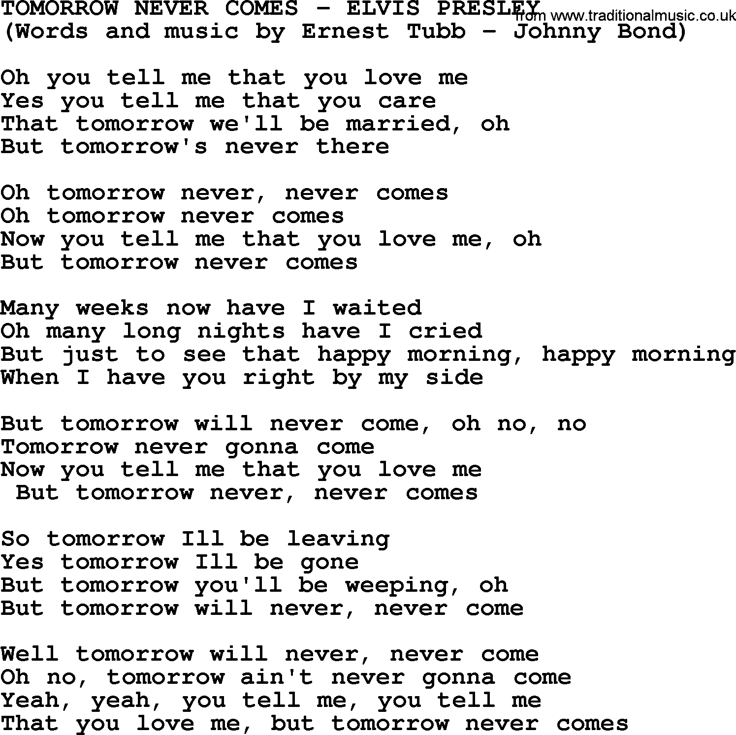 Elvis Presley song: Tomorrow Never Comes lyrics