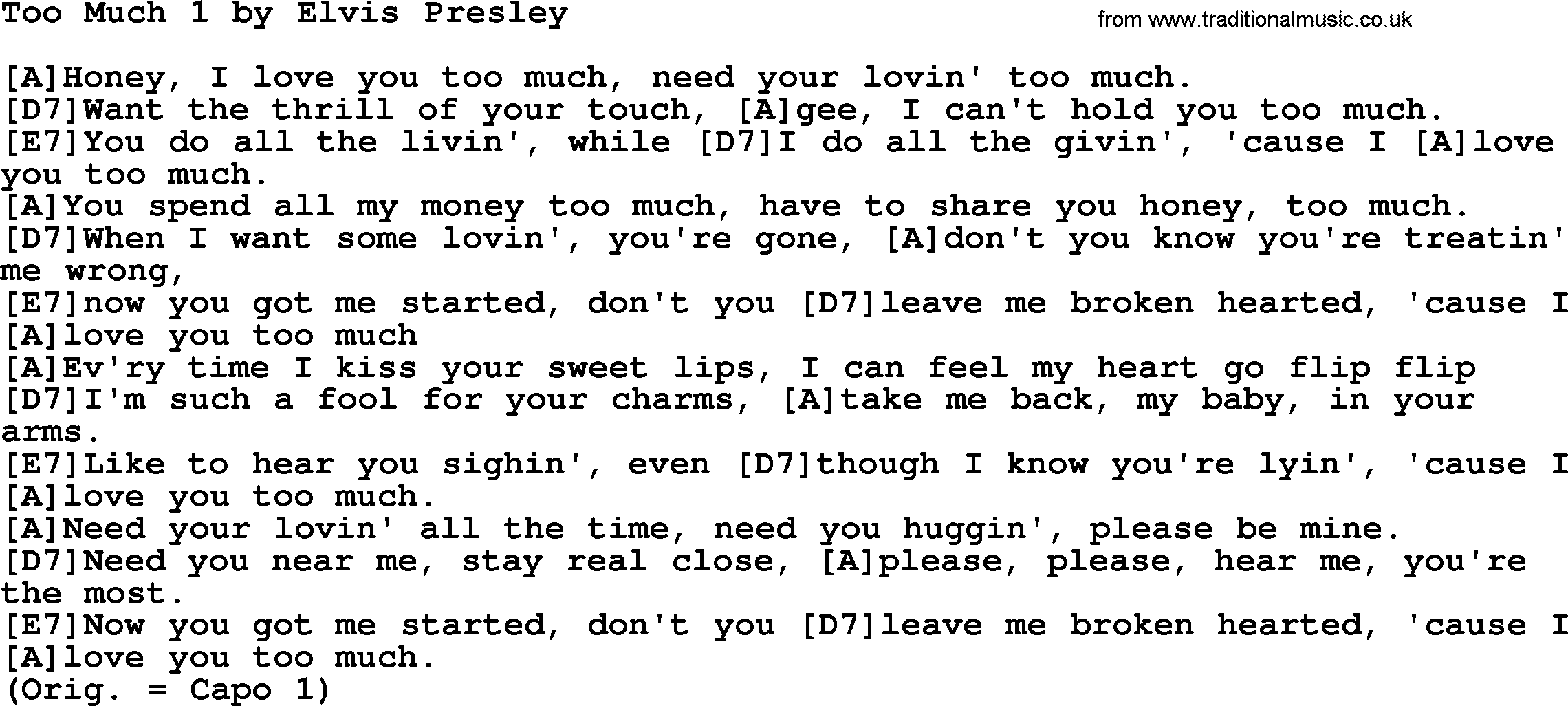 Elvis Presley song: Too Much 1, lyrics and chords