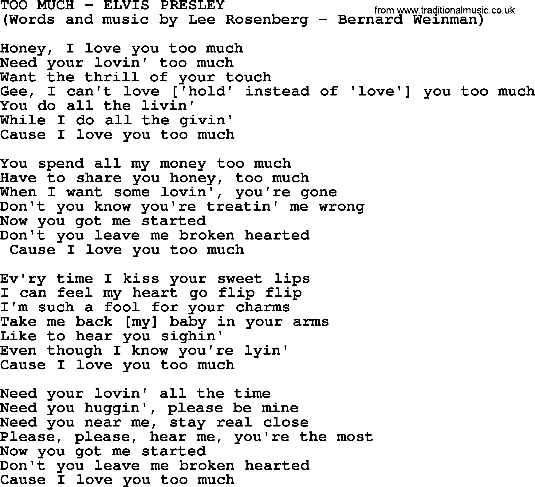 Elvis Presley song: Too Much lyrics