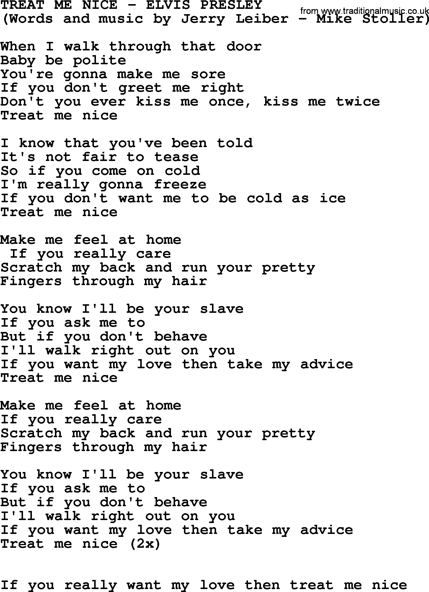 Elvis Presley song: Treat Me Nice lyrics