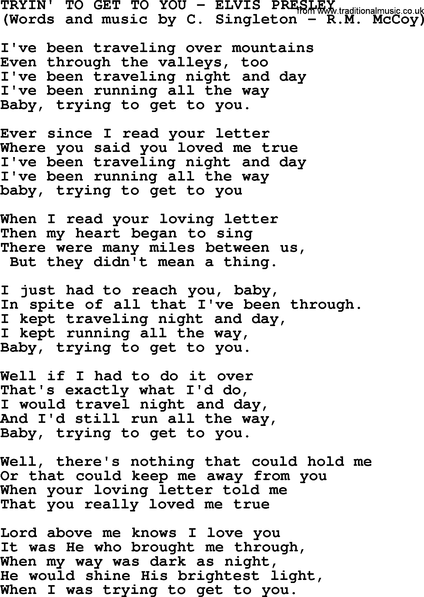 Elvis Presley song: Tryin' To Get To You lyrics