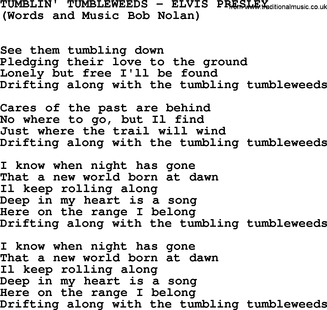 Elvis Presley song: Tumblin' Tumbleweeds lyrics